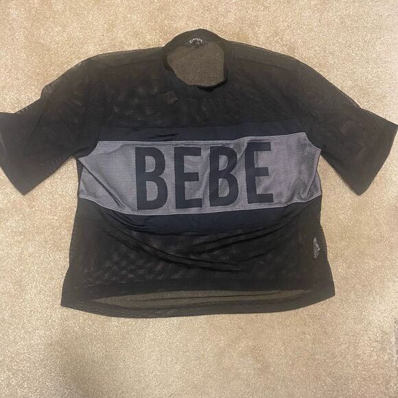 BEBE BLACK/WHITE SPORT MESH Jersey Style SHORT SLEEVE T-SHIRT SIZE XL. - Picture 1 of 6